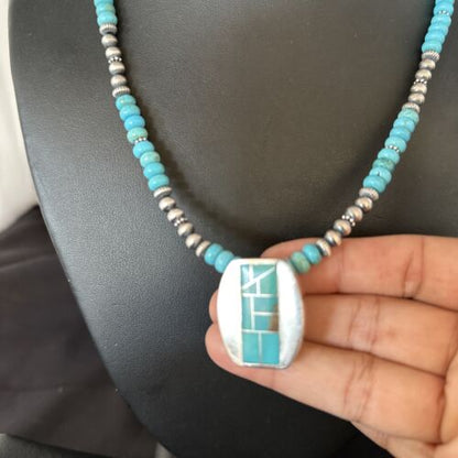 Navajo Blue Turquoise Inlay Pendant Necklace | Sterling Silver | 22" | Authentic Native American Handmade | 14602