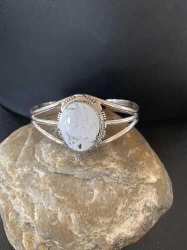 Navajo White Buffalo Turquoise Cuff Bracelet | Sterling Silver | Authentic Native American Handmade | 1389 - Masha USA