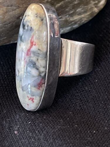 Native American Men's Cinnabrite Ring | White Black | Sterling Silver Handmade | Sz 7 | 01567