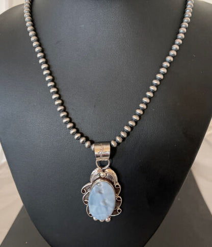 Navajo Blue Larimar Pendant Necklace | Sterling Silver Beads | Authentic Native American Handmade | 01212