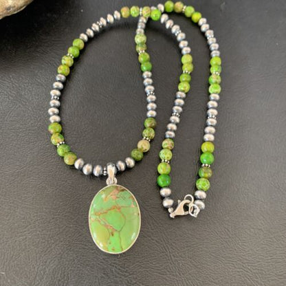 Navajo Pearl Necklace with Green Mojave Turquoise Pendant | Sterling Silver | 11757