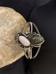 Navajo White Buffalo Turquoise Cuff Bracelet | Sterling Silver | Authentic Native American Handmade | 347