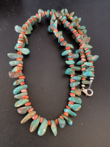 Navajo Green Turquoise and | Red Spiny Oyster Necklace | Sterling Silver | Authentic Native American Handmade | 21" | 13222