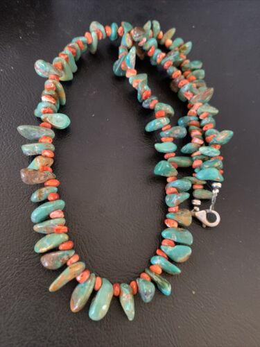 Navajo Green Turquoise & Red Spiny Oyster Necklace | Sterling Silver | Authentic Native American Handmade | 20" | 13221