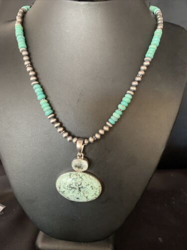 Navajo Pearls Sterling Silver Necklace | Blue Spiderweb Turquoise Pendant | Multi-Stone | 13921