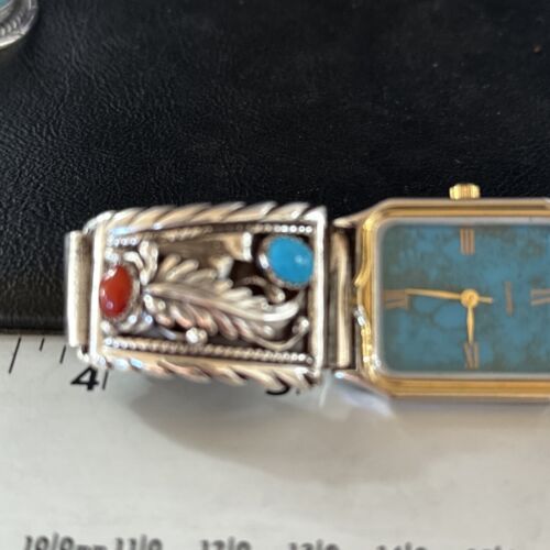 Authentic Navajo Men's Watch Tips Band | Turquoise Coral Feather | Sterling Silver | Native American Jewelry | 14312