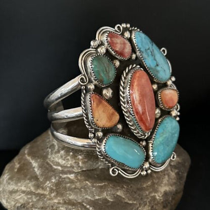 Men's Kingman Turquoise & Spiny Oyster Cluster Cuff Bracelet | Sterling Silver | Native American Handmade | 14595