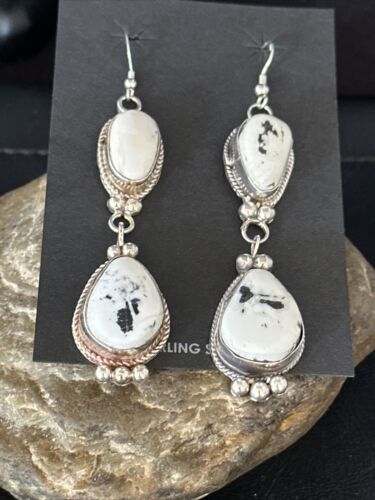 Navajo White Buffalo Turquoise Dangle Earrings | Sterling Silver | 2.5" | Authentic Native American Handmade | 14801
