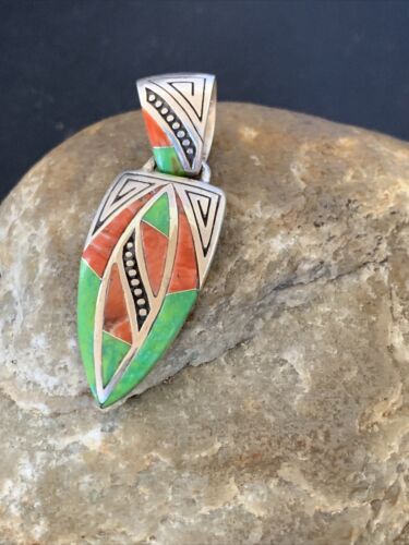 Navajo Pink Coral & Green Gaspeite Inlay Pendant | Sterling Silver | Authentic Native American Handmade | 12483