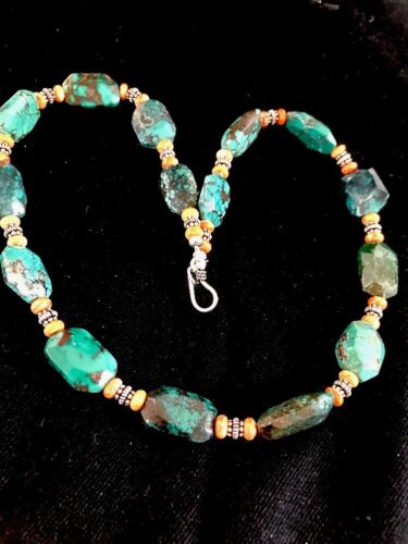 Navajo Green Turquoise Spiny Oyster Bead Necklace | Sterling Silver | Southwestern Handmade | 22" | 3221