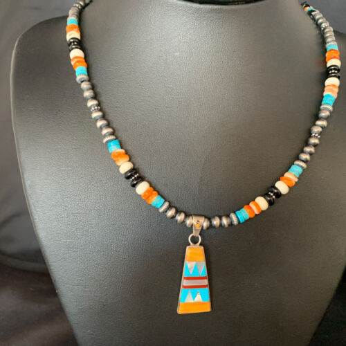 Navajo Multi-Color Turquoise Onyx Inlay Pendant Necklace | Sterling Silver | Authentic Native American Handmade | 13806