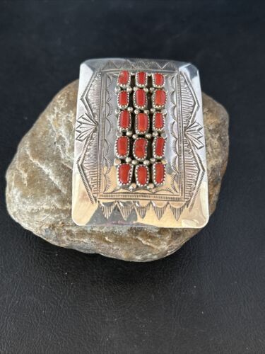 Navajo Red Coral Belt Buckle Concho | Sterling Silver | Authentic Native American Handmade | 14798