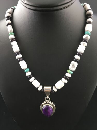 Navajo Purple Sugilite Turquoise Bead Necklace | Sterling Silver | 22" | Authentic Native American Handmade | 10035