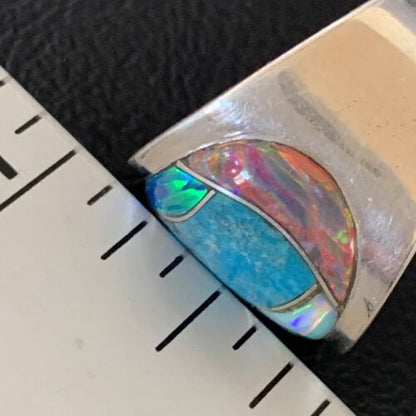 Navajo Blue Turquoise Opal Inlay Men's Pinky Ring | Sz 7 | Sterling Silver Band | 12859