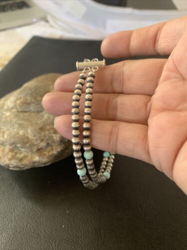 Southwestern Navajo Pearls Sterling Silver Blue Turquoise Bracelet | 2-Strand  | 7" | Authentic Native American