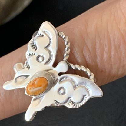 Navajo Orange Spiny Oyster Butterfly Ring | Sterling Silver | Sz Adj 8 | Authentic Native American Handmade | 10350