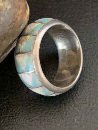 Navajo Blue Turquoise Inlay Ring | Sterling Silver | Sz 11 | Authentic Native American Handmade | 12564
