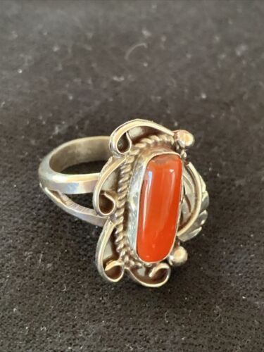 Navajo Red Coral Ring | Sterling Silver | Sz 9 | Authentic Native American Handmade | 01299 - Masha USA