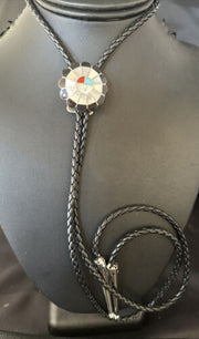 Men's Bolo Tie | Zuni Sunface Mother of Pearl Coral Turquoise Inlay | Sterling Silver | 14754