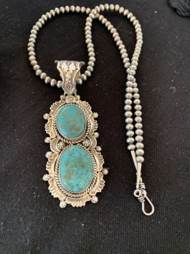 Men's Sterling Silver Navajo Pearls Necklace | Blue Turquoise Pendant | Multi-Stone | Authentic Native American Handmade | 152