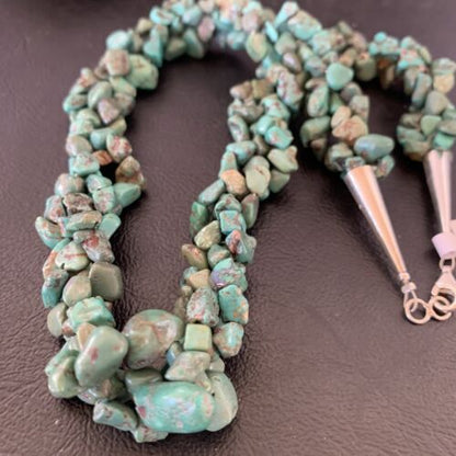 Navajo Green Turquoise Nugget Necklace | 3-Strand Braid | Sterling Silver Pearls | 20" | 11833