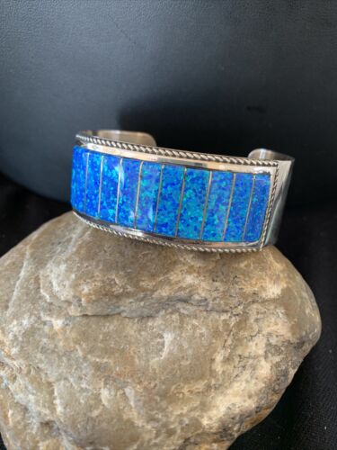 Zuni Blue Faux Opal Inlay Cuff Bracelet | Sterling Silver | Authentic Native American Handmade | 01024