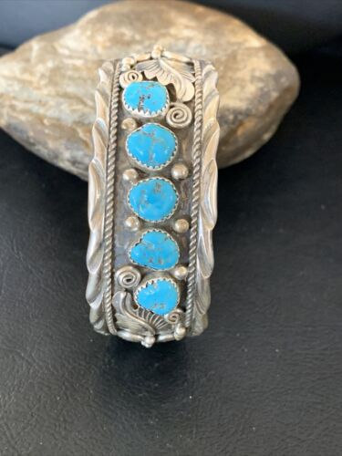 Navajo Sterling Silver Blue Kingman Turquoise Cuff Bracelet | 5 Stone | Authentic Native American Handmade | 12161