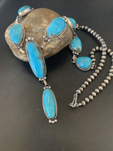 Navajo Kingman Turquoise Lariat Necklace | Sterling Silver | Authentic Native American Handmade | 11571