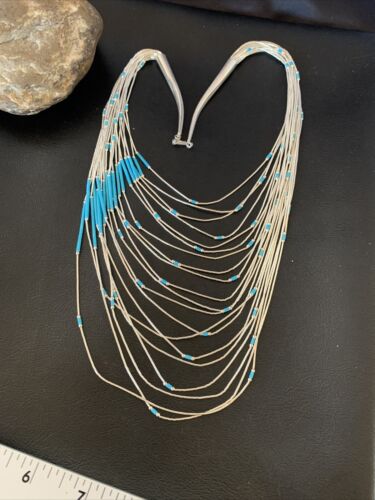 Turquoise Liquid Silver Heishi Necklace | 20 Strand Sterling Tube Pendant | Native American Handmade | 12296