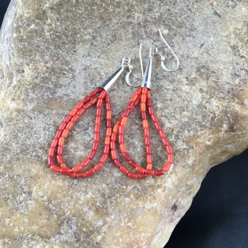 Handmade Liquid Silver Heishi Dangle Earrings | Apple Sponge Coral Tube | Sterling Silver | 2" | 1095