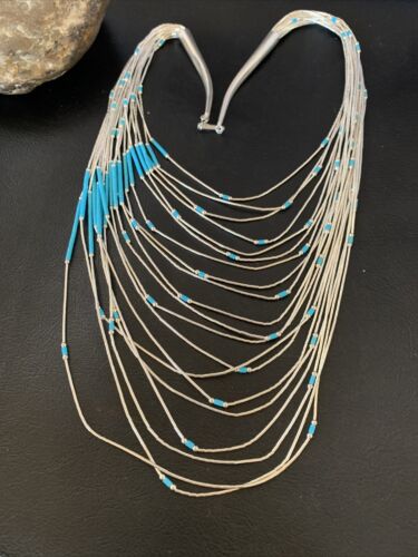 Turquoise Liquid Silver Heishi Necklace | 20 Strand Sterling Tube Pendant | Native American Handmade | 12296