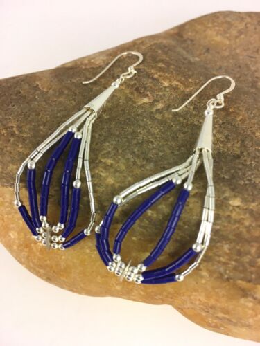 Navajo Lapis Lazuli Heishi Tube Dangle Earrings | Sterling Silver | 2" | 8876