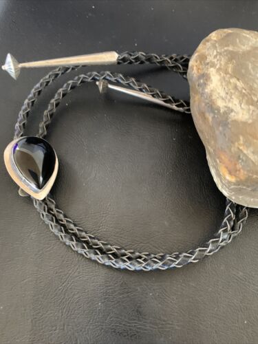 Native American Men's Bolo Tie | Sterling Silver Navajo Black Onyx | Handmade | 12148