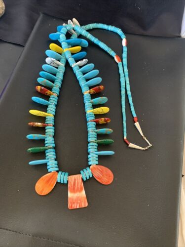 Native American Santo Domingo Spiny Turquoise Necklace | 40" | Sterling Silver | 12066 - Masha USA