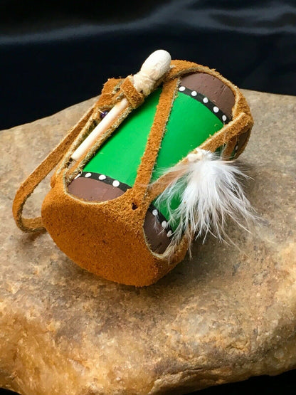 Navajo Leather Drum Car Charm | 2" Mirror Dangler | Handmade Miniature | 8923