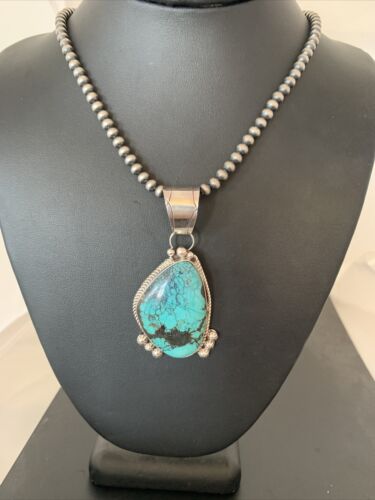 Navajo Pearls Necklace with Spiderweb Turquoise Pendant | Sterling Silver | Authentic Native American Handmade | 00810