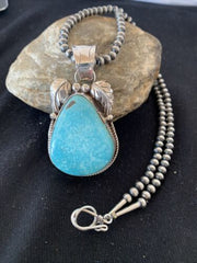 Blue Kingman Turquoise Pendant | Sterling Silver Navajo Pearls Men's Necklace 21" | 808
