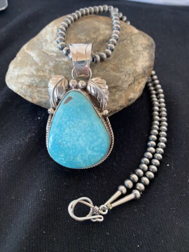 Blue Kingman Turquoise Pendant | Sterling Silver Navajo Pearls Men's Necklace 21" | 808