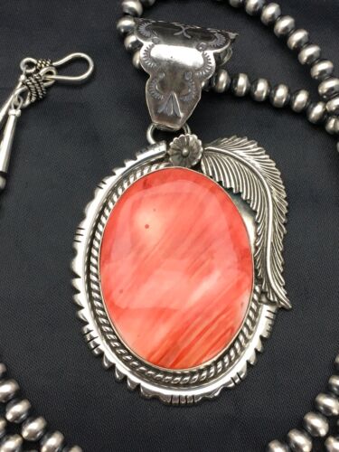 Navajo Red Spiny Oyster Pendant Necklace Set | Sterling Silver | Authentic Native American Handmade | Yazzie | 2879