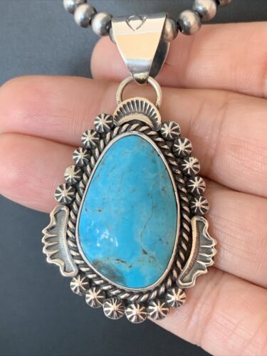 Men's Navajo Pearls Necklace | Sterling Silver Blue Kingman Turquoise Pendant | Native American Handmade | 793