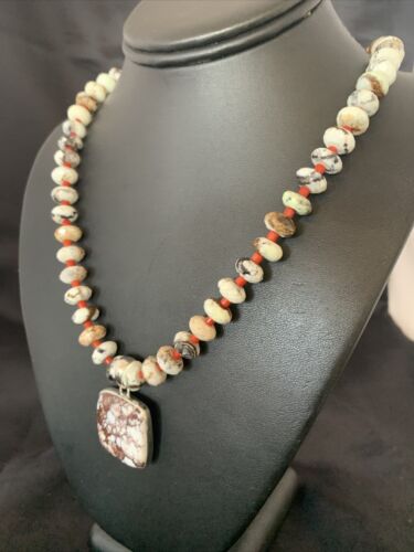 Navajo Coral Wild Horse Turquoise Pendant Necklace | Sterling Silver | Authentic Native American Handmade | 10267