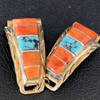 Navajo Turquoise Spiny Oyster Inlay Watch Tips | Sterling Silver & Gold-Filled | Authentic Native American Jewelry | 13725