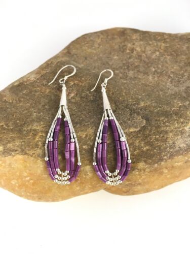 Native American Sugilite Heishi Tube Dangle Earrings | Sterling Silver | 2" | 8874