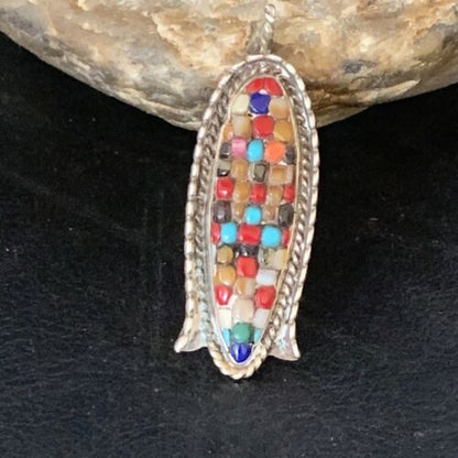 Zuni Corn Coral Mother of Pearl Turquoise Inlay Pendant | Sterling Silver | 1.75" | 13689