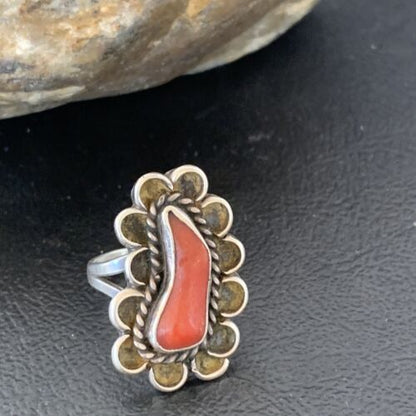 Native American Old Pawn Navajo Red Coral Ring | Sterling Silver | Sz 6 | 10369