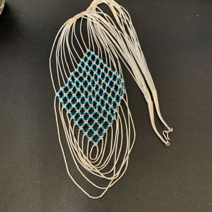 Turquoise Liquid Silver Heishi Necklace | 7 Strand Sterling Silver Tubes | 19" | 12628