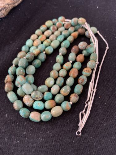 Navajo Sterling Silver Heishi Green Turquoise 2 Strand Bead Necklace | Authentic Native American Handmade | 00871