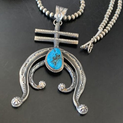 Navajo Kingman Turquoise Naja Pendant | Sterling Silver | Authentic Native American Handmade | 11518