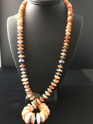 Navajo Orange Spiny Oyster & Turquoise Graduated Necklace | Sterling Silver | Authentic Native American | 30" | 1771