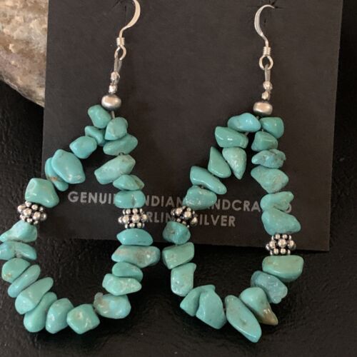 Navajo Turquoise Bead Nugget Earrings | Sterling Silver Pearls | 2" | Authentic Native American Handmade | 12888